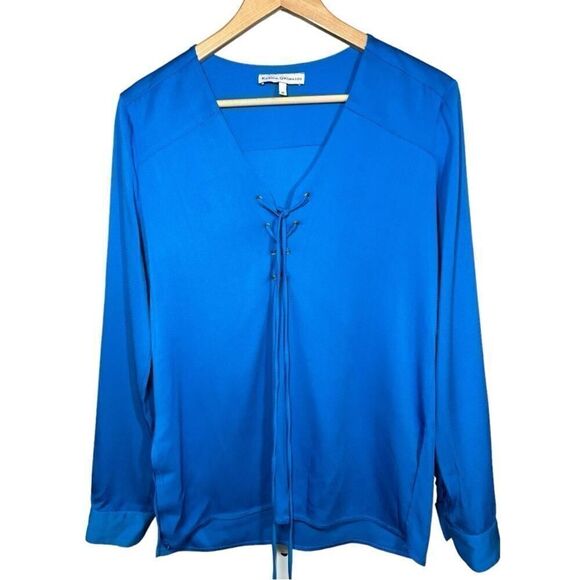 Karina Grimaldi Tops - KARINA GRIMALDI Women's Lace Up Long Sleeve Blouse Blue Size Medium